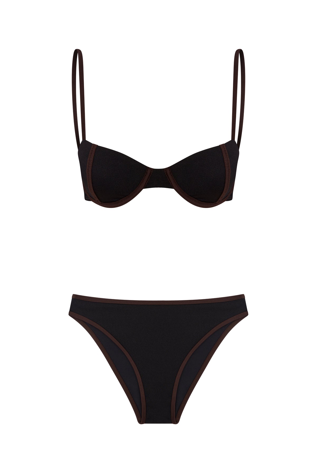 Contrast Trim Underwire Bikini Set Black Brown