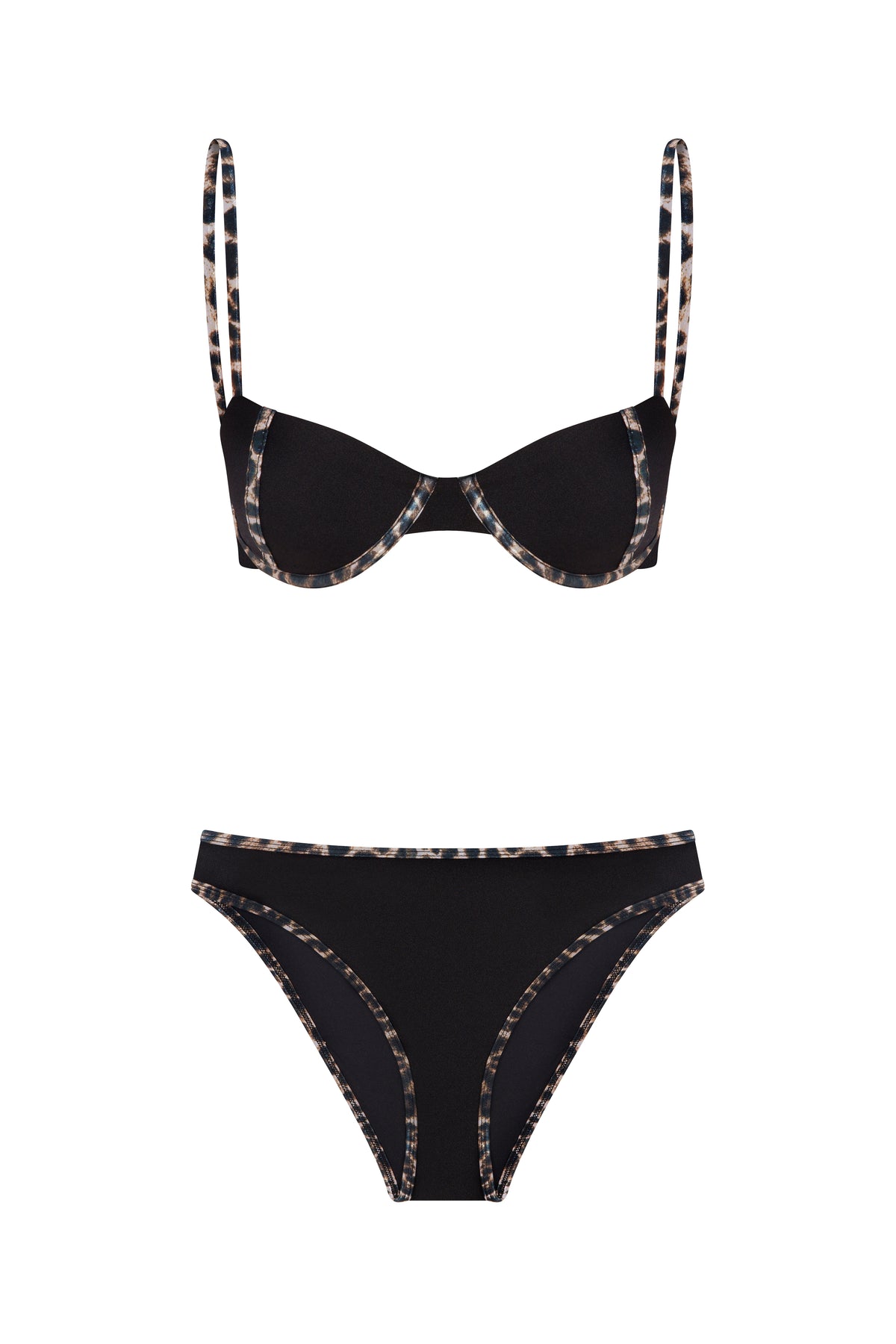 Contrast Trim Underwire Bikini Set Black Leopard