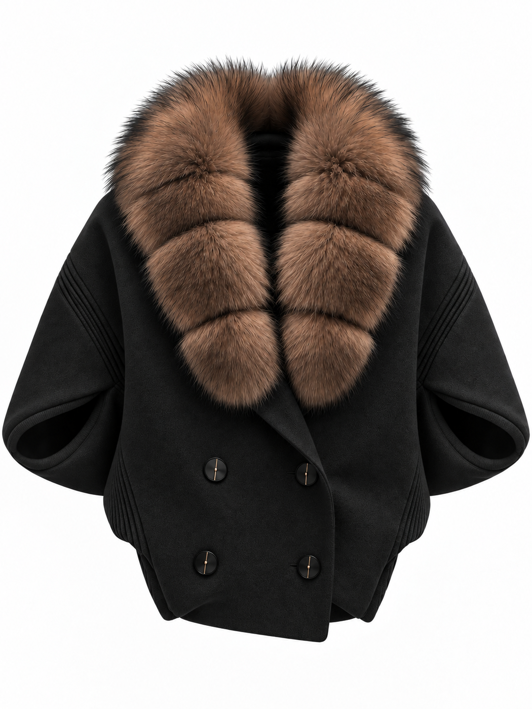 Leonie Black Fur-Collar Short-Sleeve Wool Jacket
