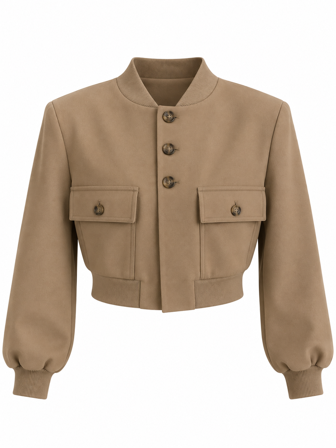 Daphne Beige Pocketed Cropped Bomber Jacket