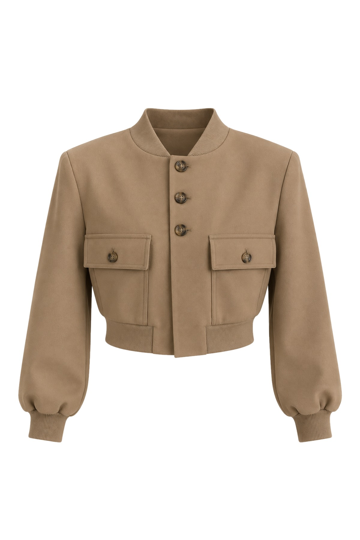 Daphne Beige Pocketed Cropped Bomber Jacket
