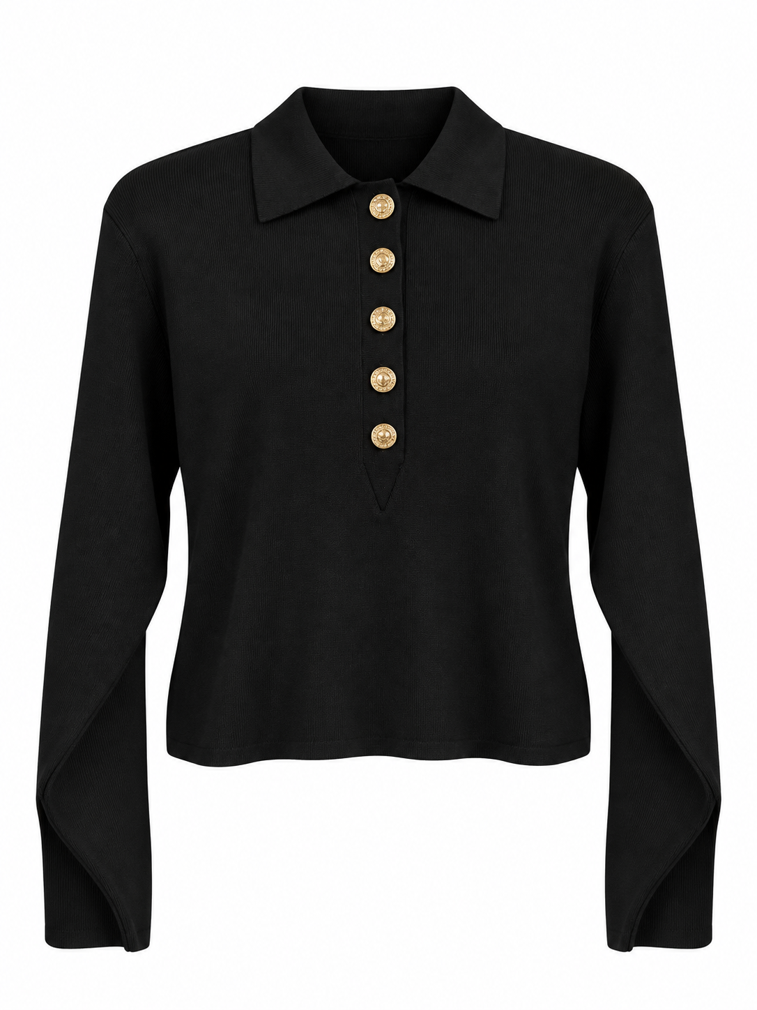 Talia Black Buttoned Polo-Collar Slit-Sleeve Knit Top