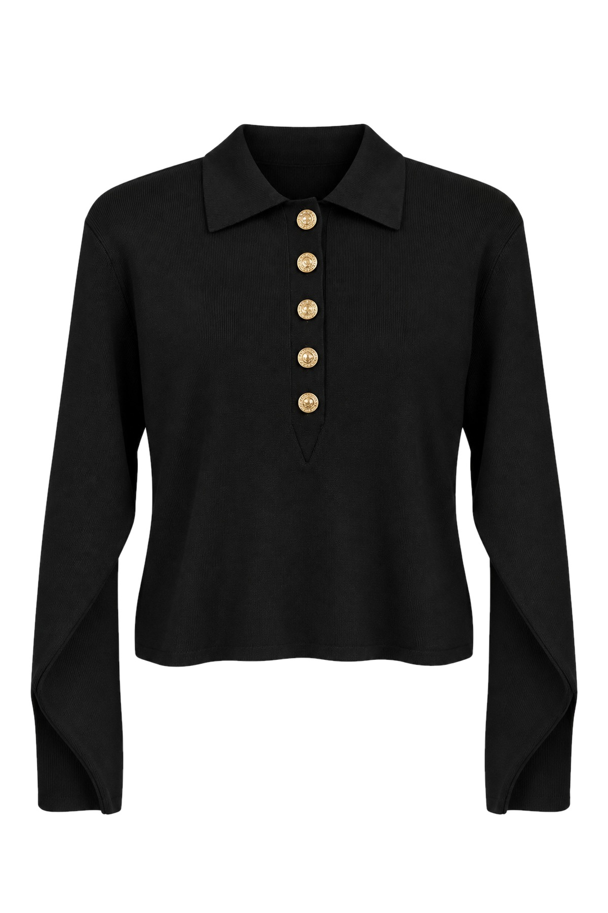 Talia Black Buttoned Polo-Collar Slit-Sleeve Knit Top