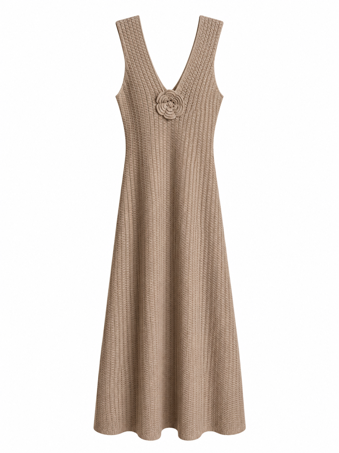Rosalie Beige Floral Detail Knit Midi Dress