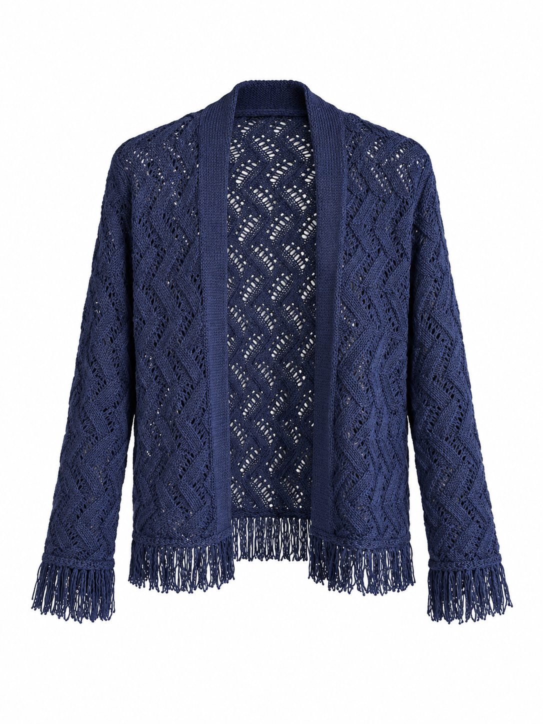 Celeste Navy Openwork Fringe Cropped Knit Cardigan