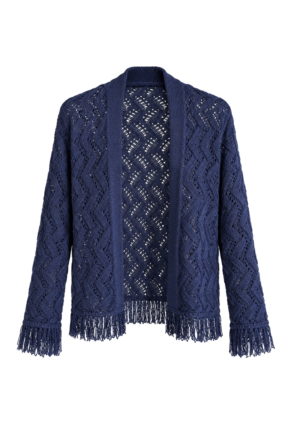 Celeste Navy Openwork Fringe Cropped Knit Cardigan