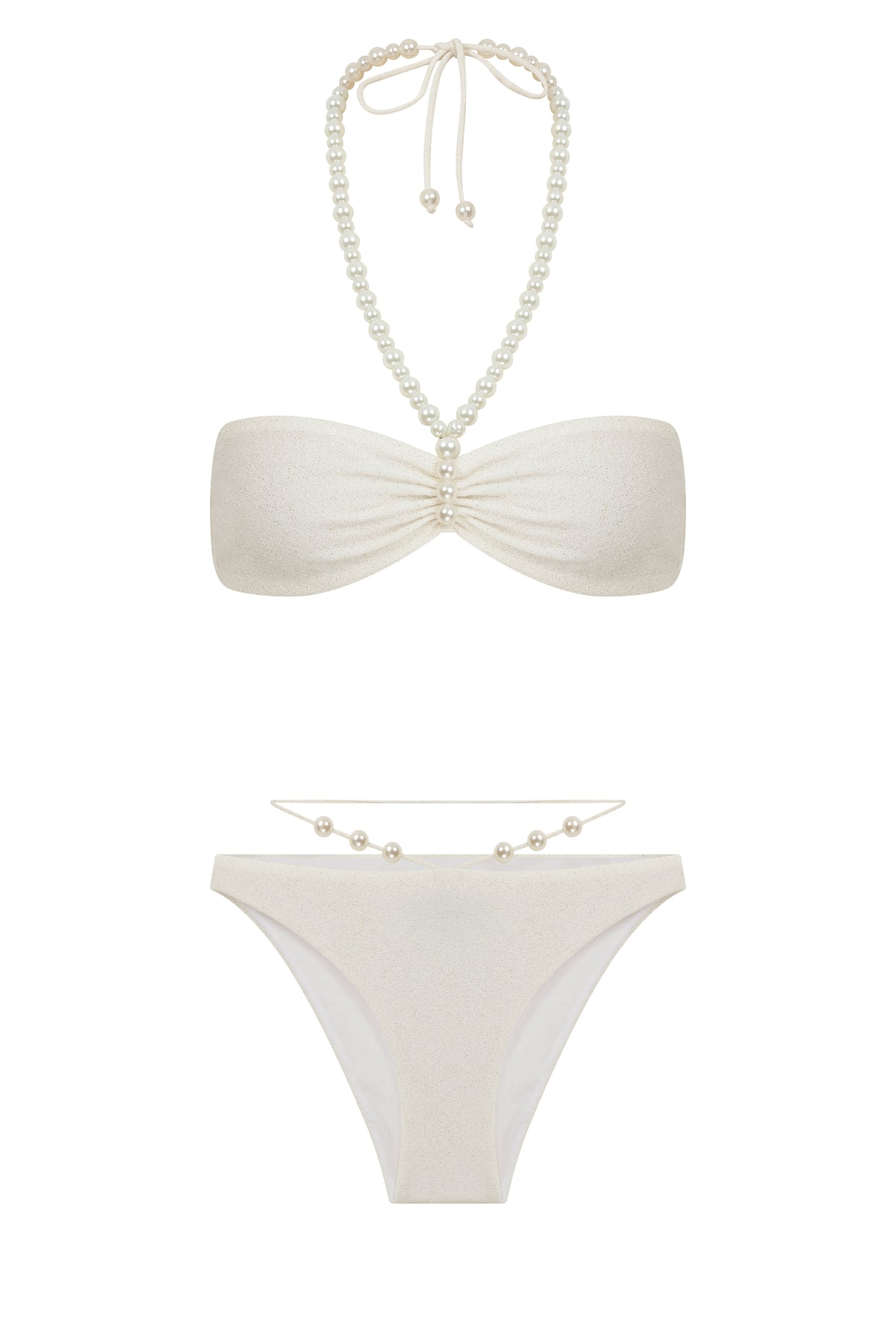 Faux-Pearl Embellished Ribbed Halterneck Bikini
