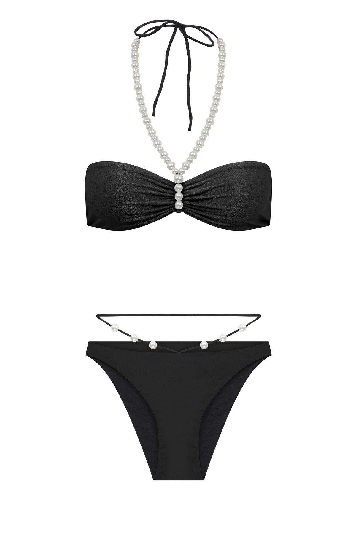 Faux-Pearl Embellished Ribbed Halterneck Bikini