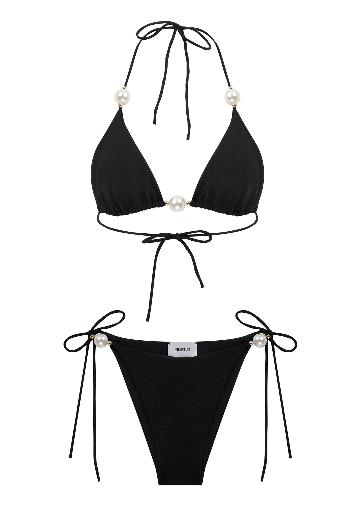 Faux-Pearl Embellished Triangle Bikini Black