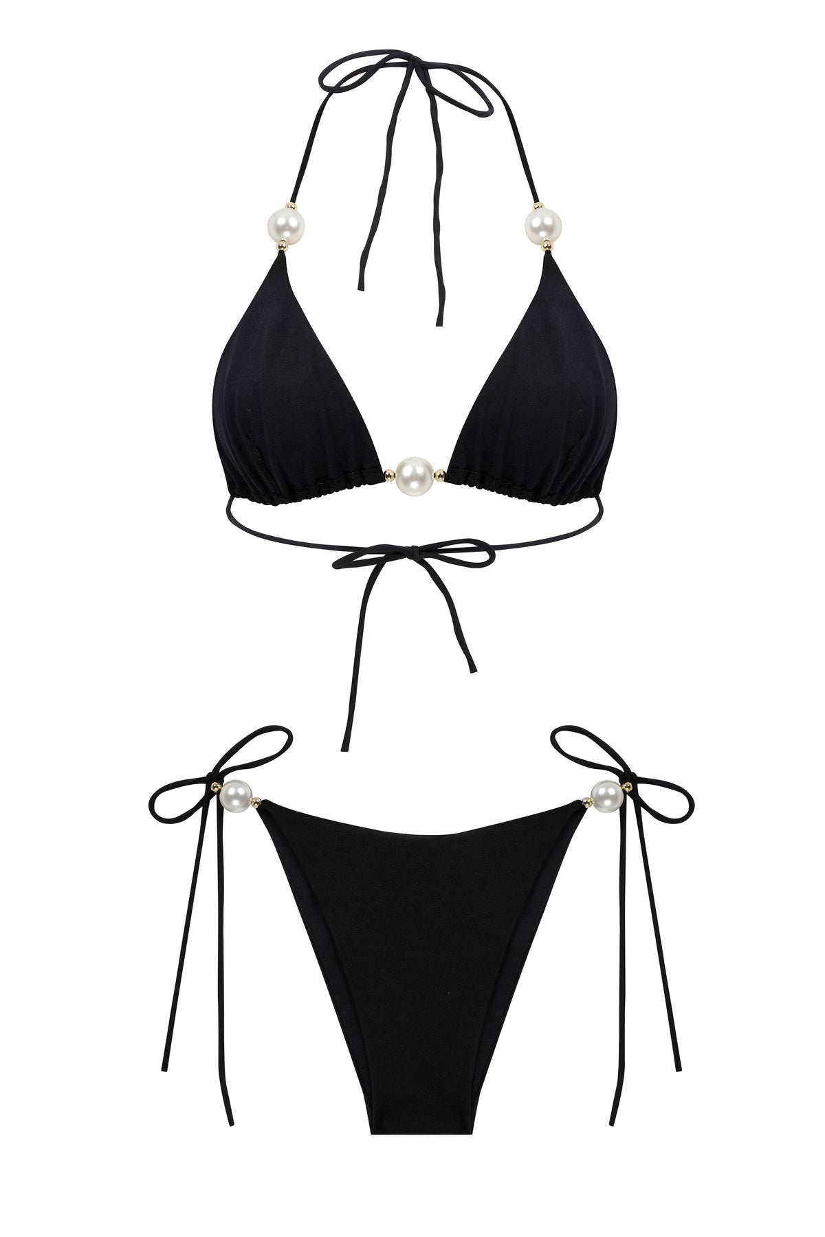 Faux-Pearl Embellished Triangle Bikini Black