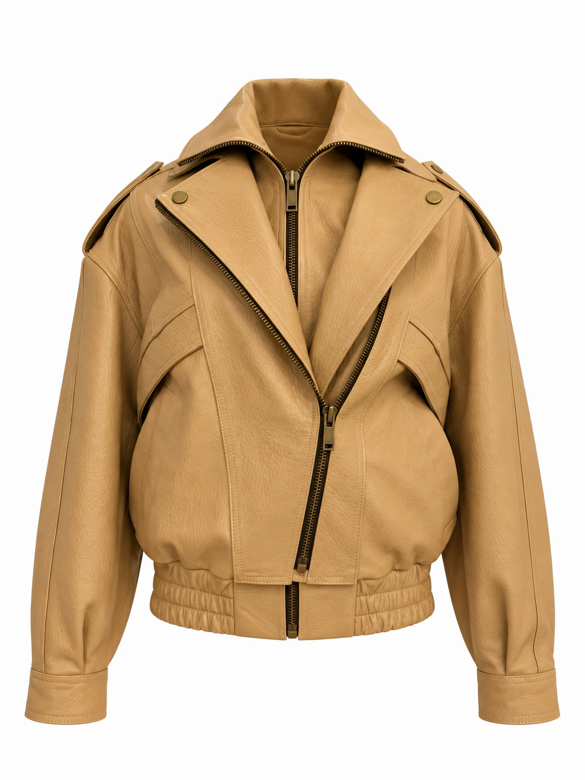 Maya Camel Double-Zip Leather Biker Jacket
