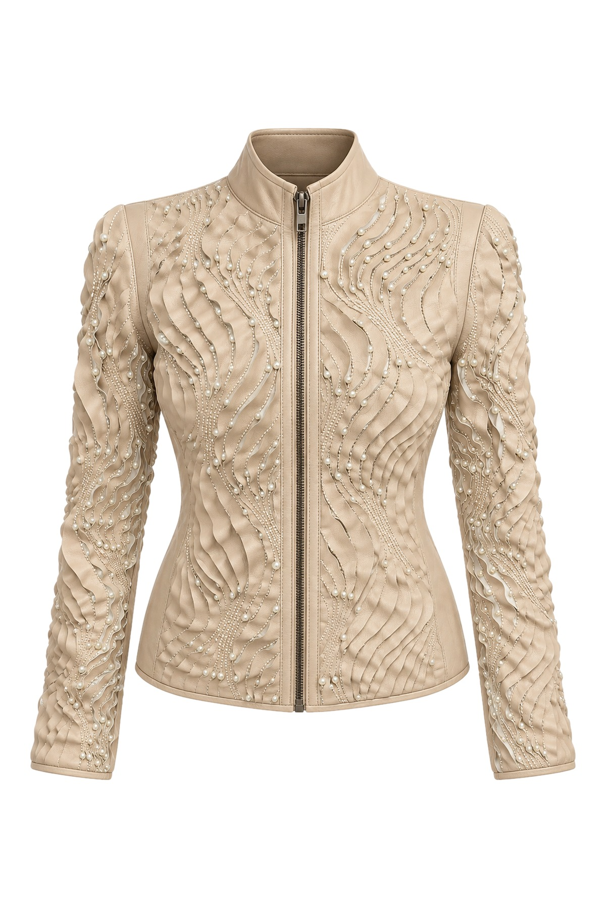 Grace Beige Pearl-Embellished Lamb Leather Jacket