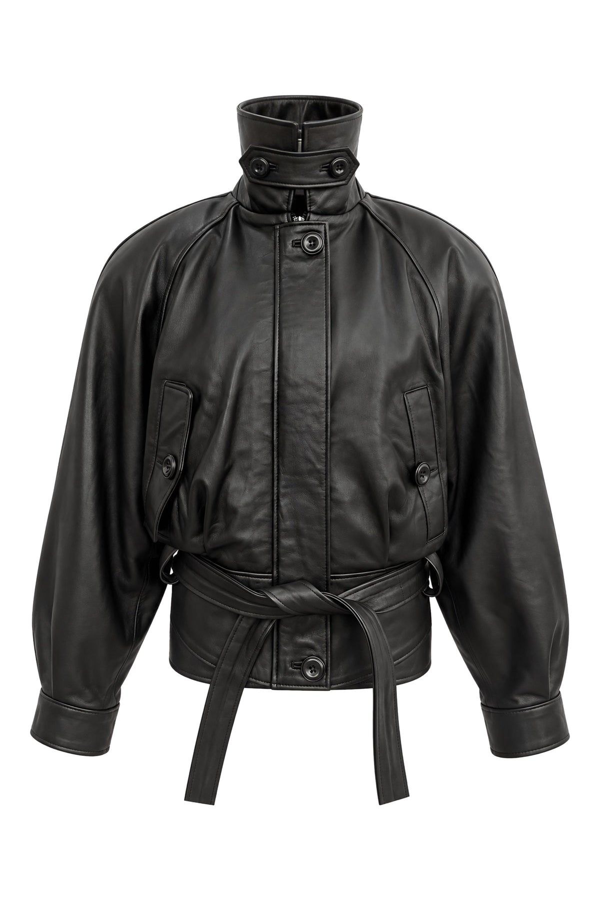 Riva Black High-Neck Belted Icelandic Lamb Leather Jacket