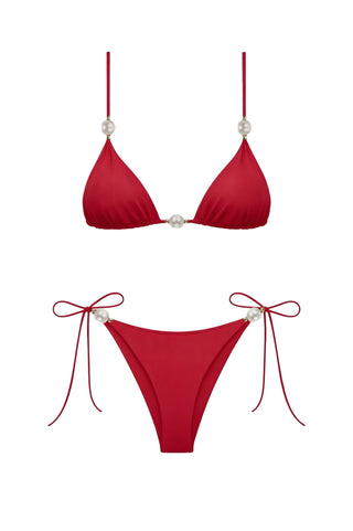 Faux-Pearl Triangle Bikini Red