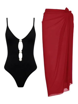 Pearl Cutout Swimsuit & Red Pareo Set