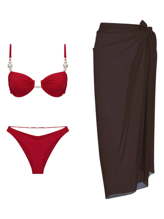 Red Pearl Underwired Bikini & Coffee Pareo Set