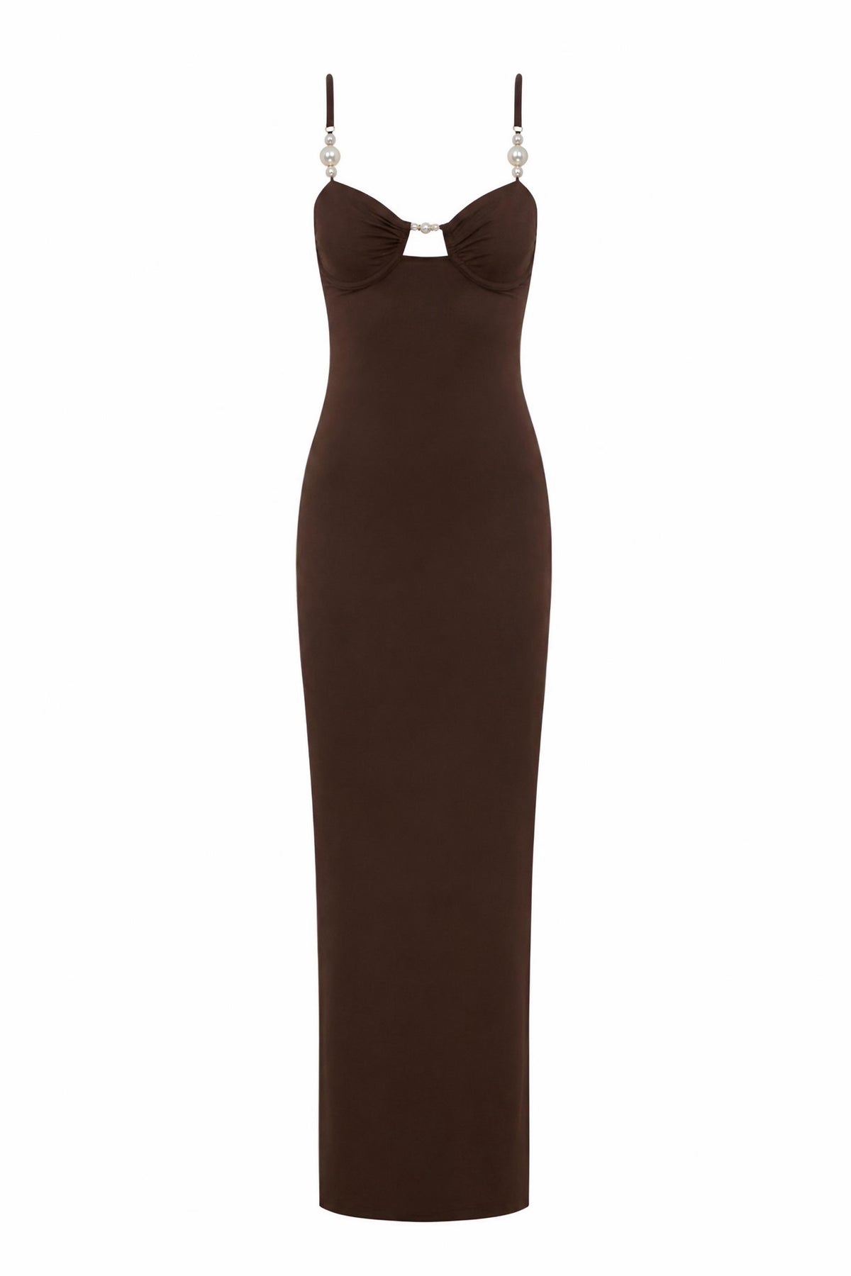 Faux-Pearl Button Embellished Dress Brown