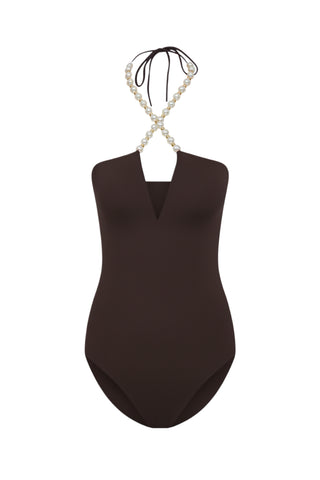 Faux-Pearl Embellished Halterneck One-Piece