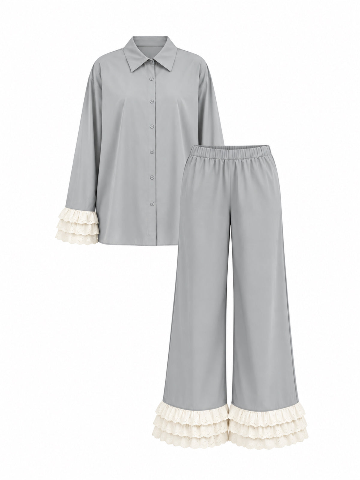 Contessa Gray Cotton Lace-Detail Pajama Set