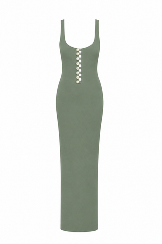 Faux-Pearl Button Embellished Dress - Laurel Green