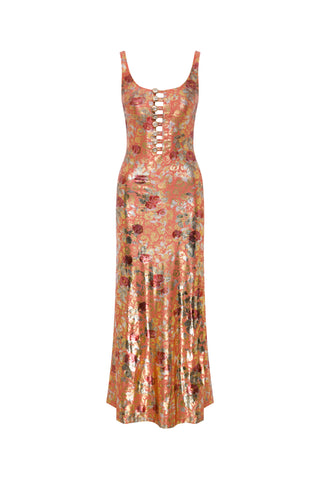 BE HAPPY FLORAL PRINT FOIL DRESS