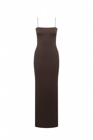 Faux-Pearl Embellished Strapless Dress Coffee