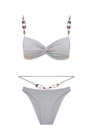 AMETHYST, PEARL AND HEMATITE EMBELLISHED TWIST-FRONT BIKINI