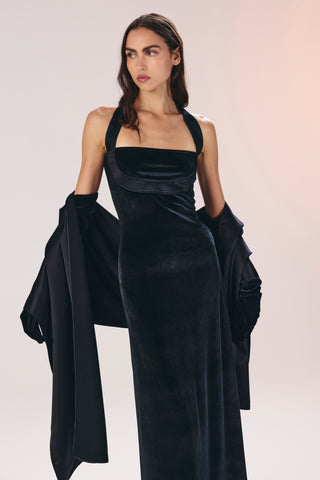 SOPHIE HALTERNECK BANDAGE VELVET MAXI DRESS