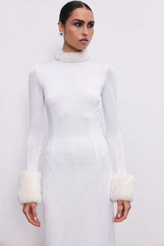 BELLA FAUX-FUR TRIM MAXI JERSEY DRESS