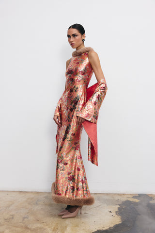 MARGARET FAUX-FUR HEM MAXI DRESS