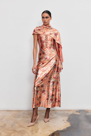 BE HAPPY FLORAL PRINT FOIL DRESS