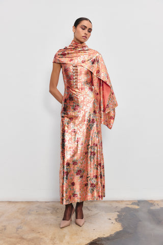 BE HAPPY FLORAL PRINT FOIL DRESS