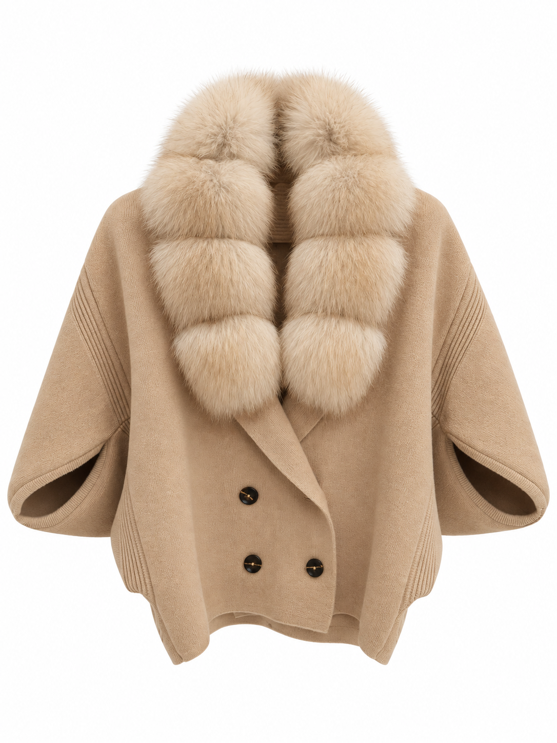 Leonie Camel Fur-Collar Short-Sleeve Wool Jacket