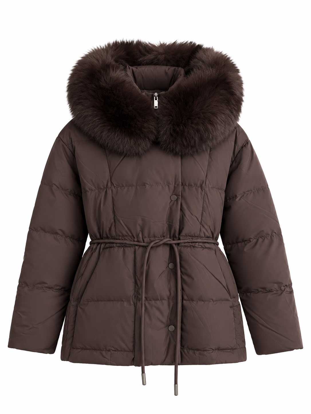 Siena Brown Fur-Collar Hooded Puffer Jacket