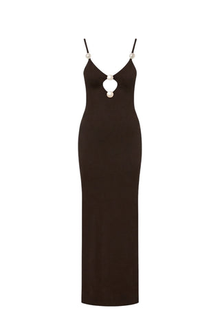 Faux-Pearl Embellished Cutout Halterneck Dress Coffee