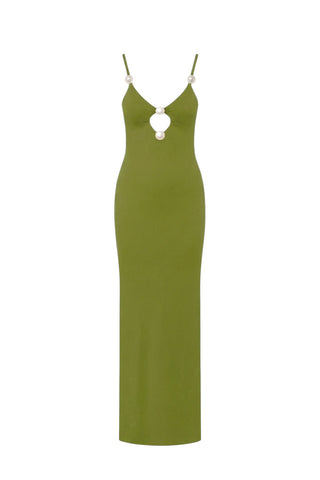 Faux-Pearl Embellished Cutout Halterneck Dress Olive