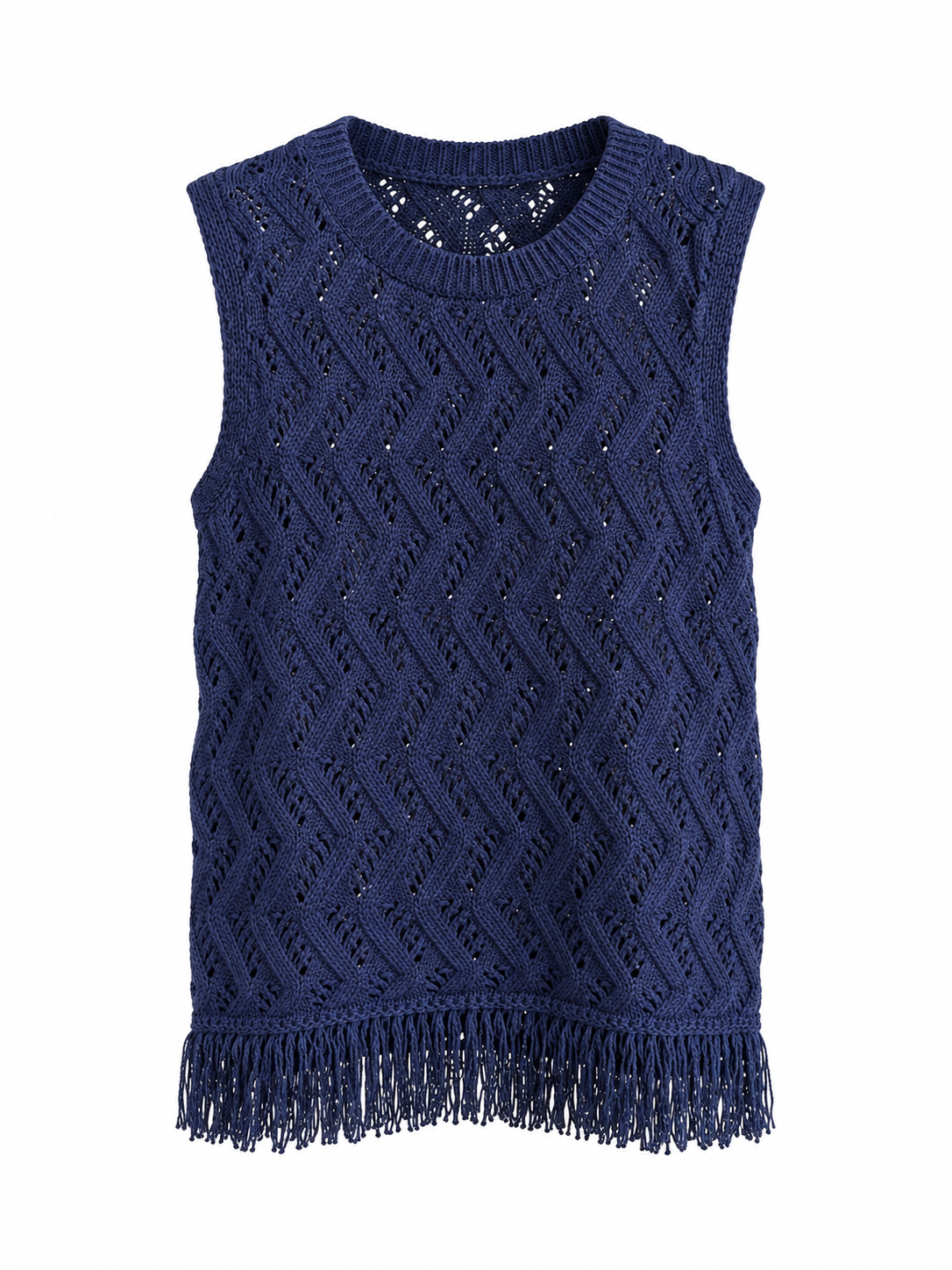 Camille Navy Openwork Fringe Knit Top