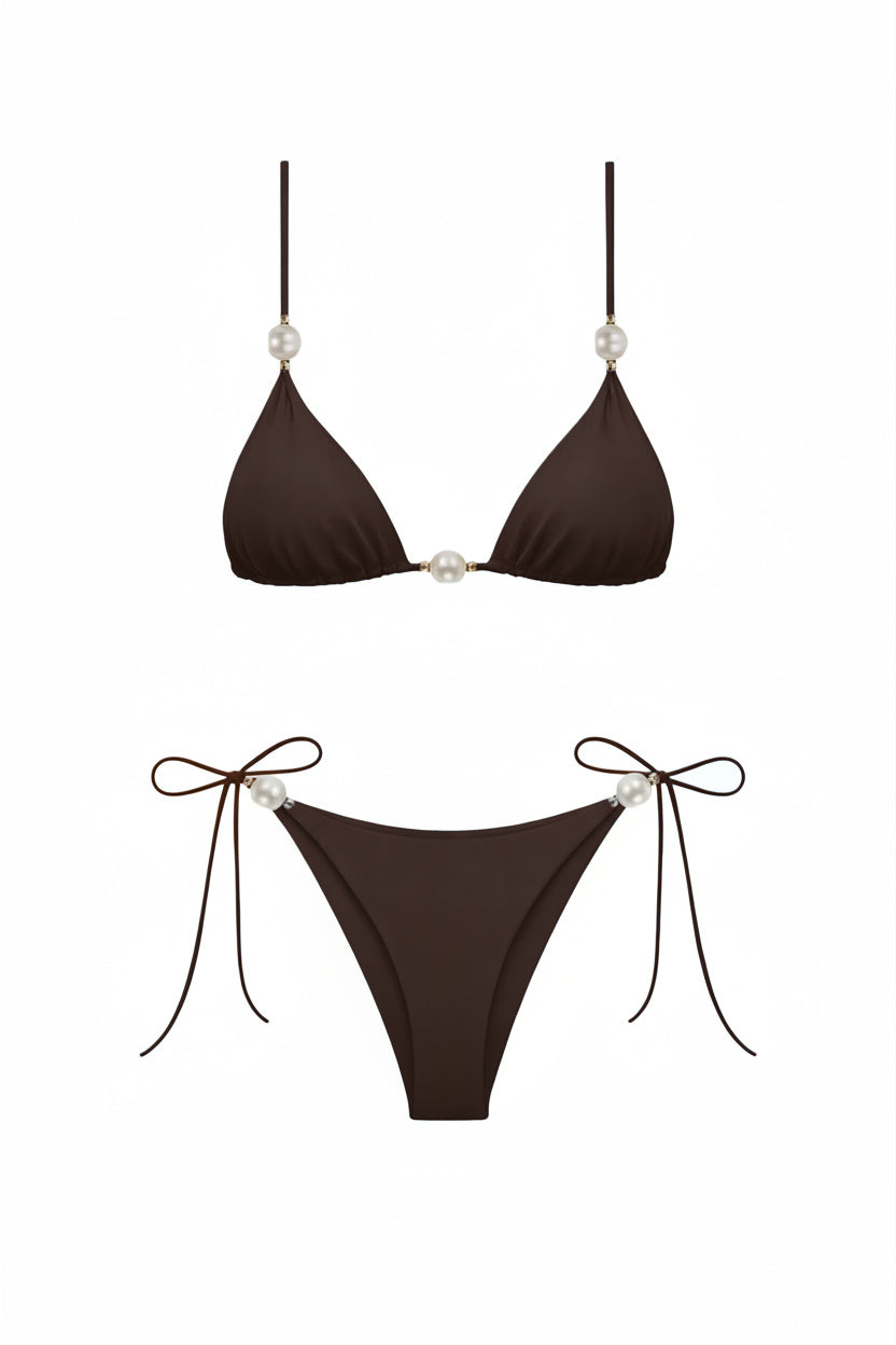Faux-Pearl Embellished Triangle Bikini Black Coffee