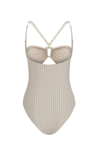 FAUX-PEARL EMBELLISHED DRAPED ONE-PIECE