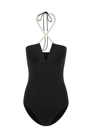 FAUX-PEARL EMBELLISHED HALTERNECK ONE-PIECE