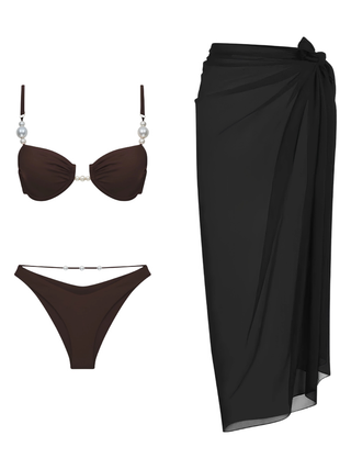 Coffee Pearl Underwired Bikini & Black Pareo Set