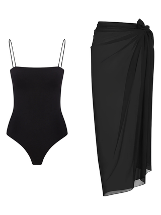Black Seamless Swimsuit & Black Pareo Set