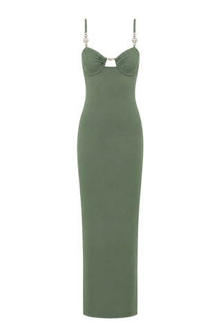 Faux-Pearl Button Embellished Dress Laurel Green