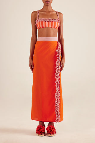 RUFFLED ORANGE MAXI WRAP SKIRT