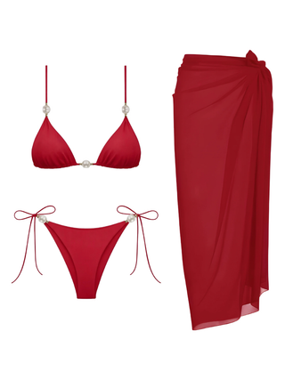 Red Pearl Triangle Bikini & Pareo Set