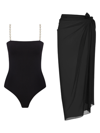 Pearl Strap Swimsuit & Black Pareo Set