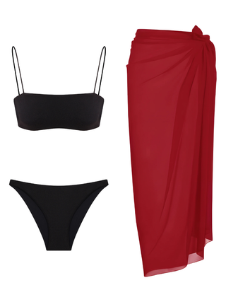 Black Seamless Bikini & Red Pareo Set